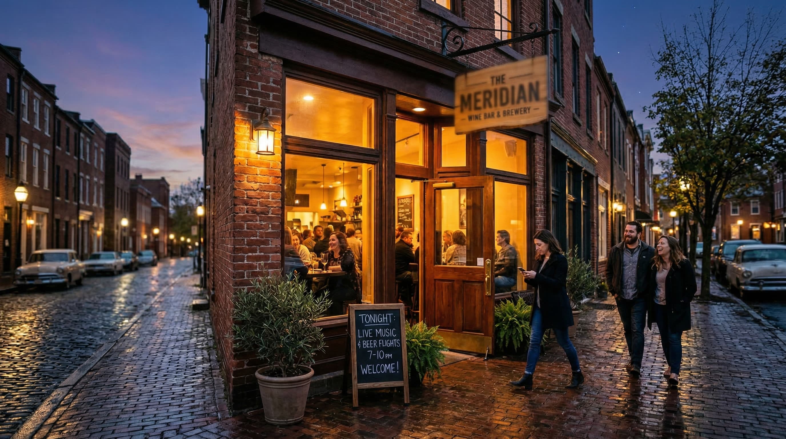 Charming venue storefront at twilight